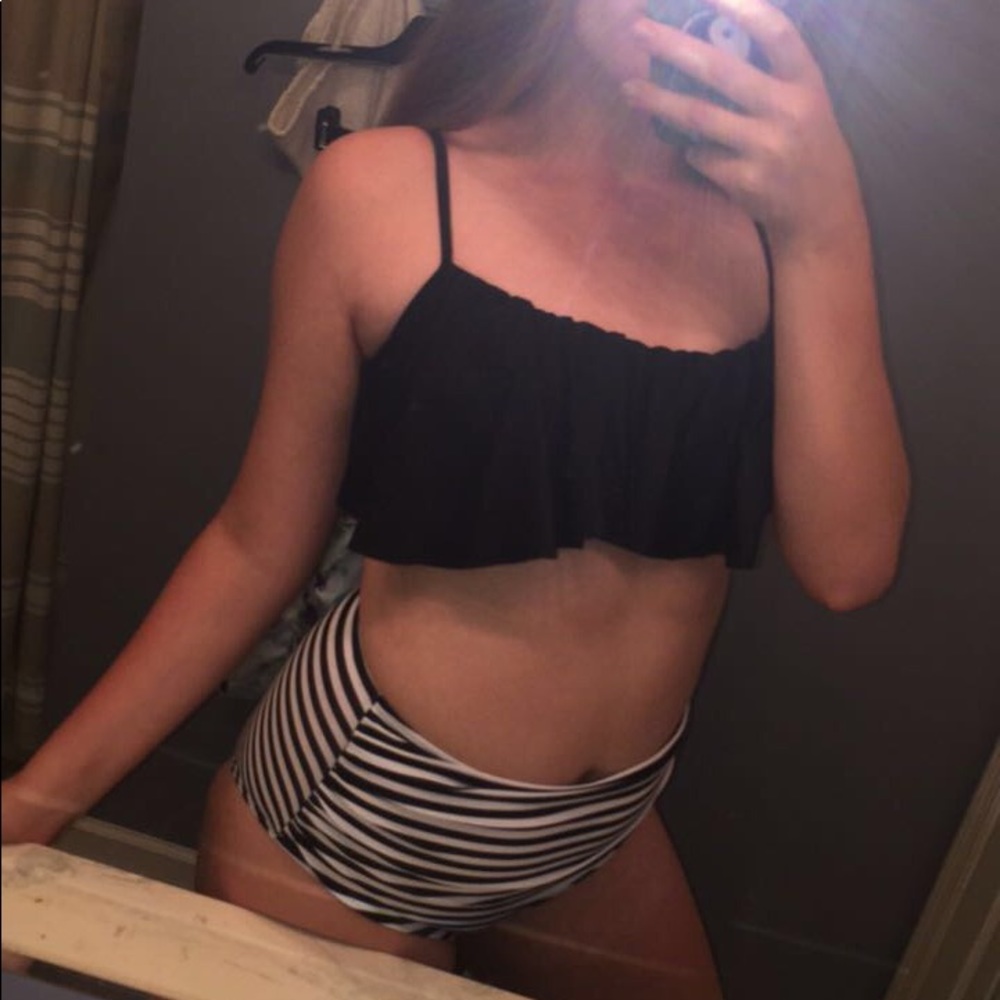 Striped High Waisted Ruffled Bikini Set